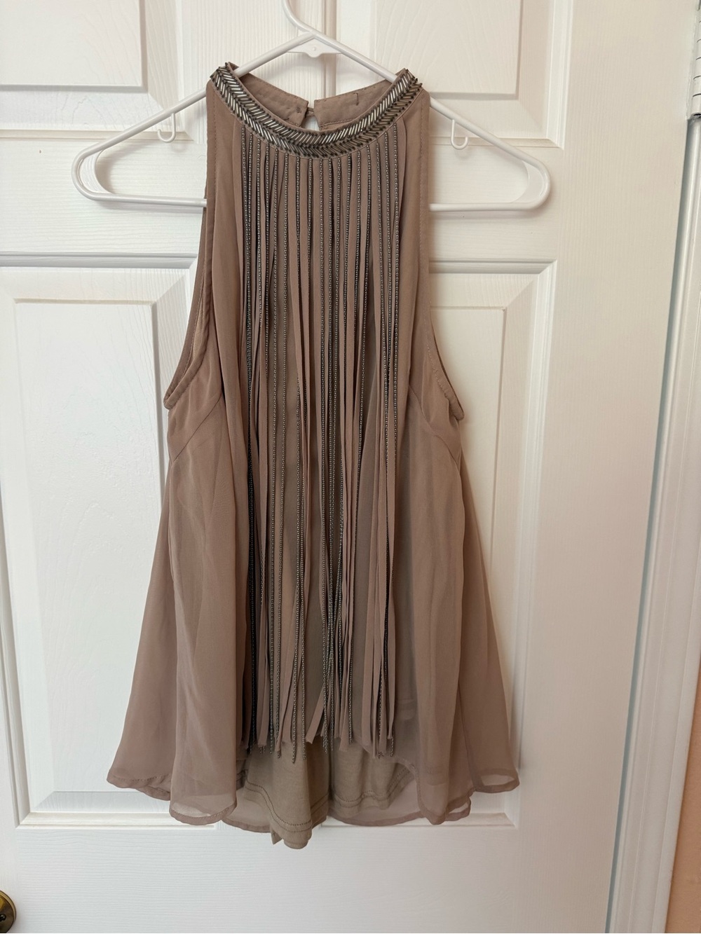 Fringed Sleeveless Chiffon Tank in Taupe